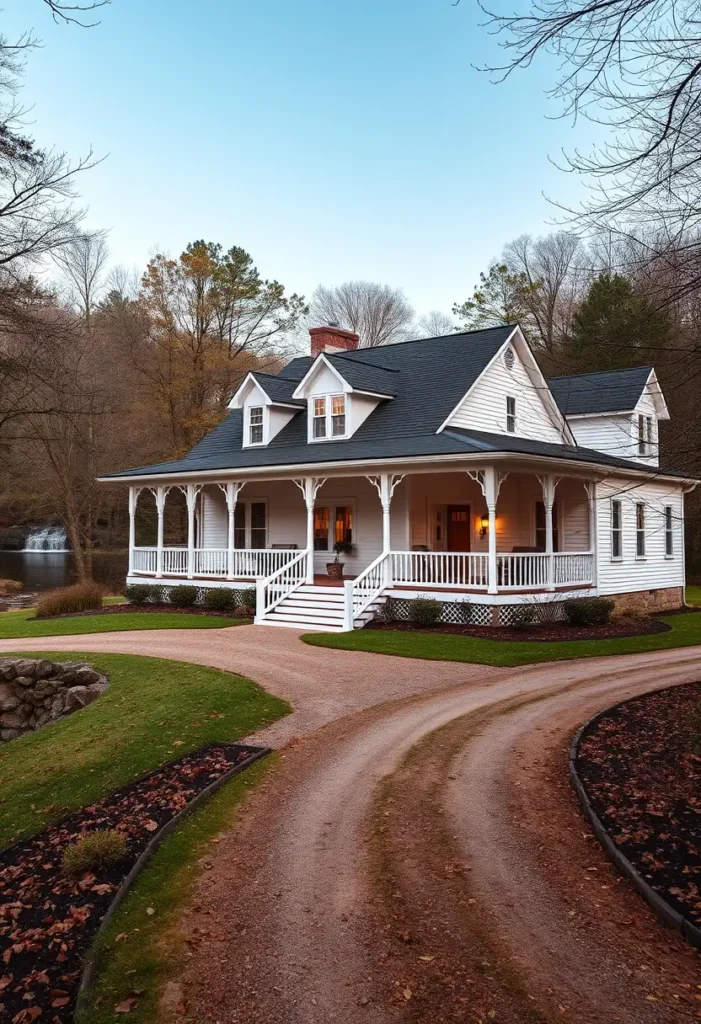 White cottage with wraparound porch and dormer windows near a creek and waterfall.