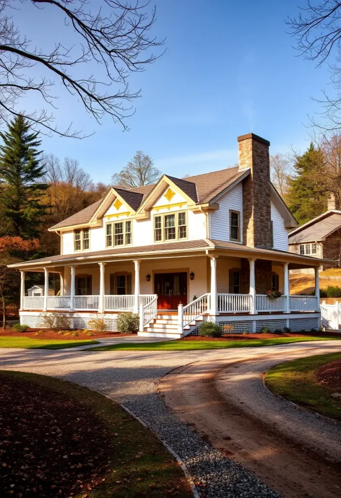 White country cottage with golden dormer details, stone chimney, and wraparound porch in a sunlit setting.