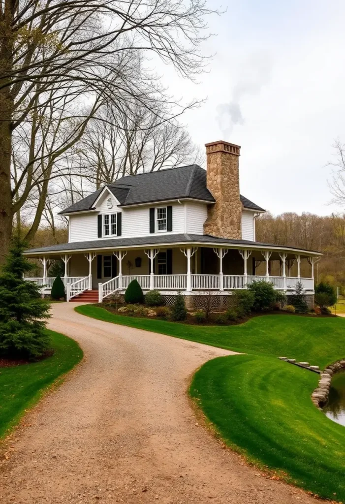 White cottage with a stone chimney, wraparound porch, and green landscaping in a countryside setting.