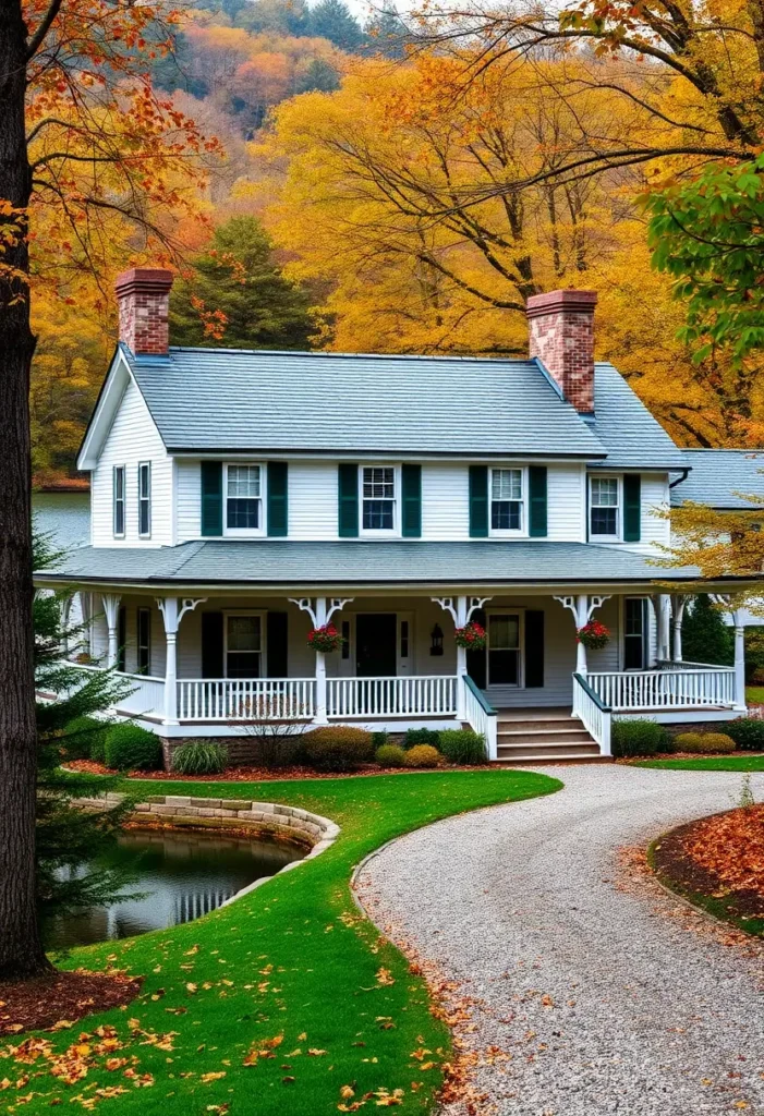 White cottage with green shutters, wraparound porch, and autumn trees in the background.