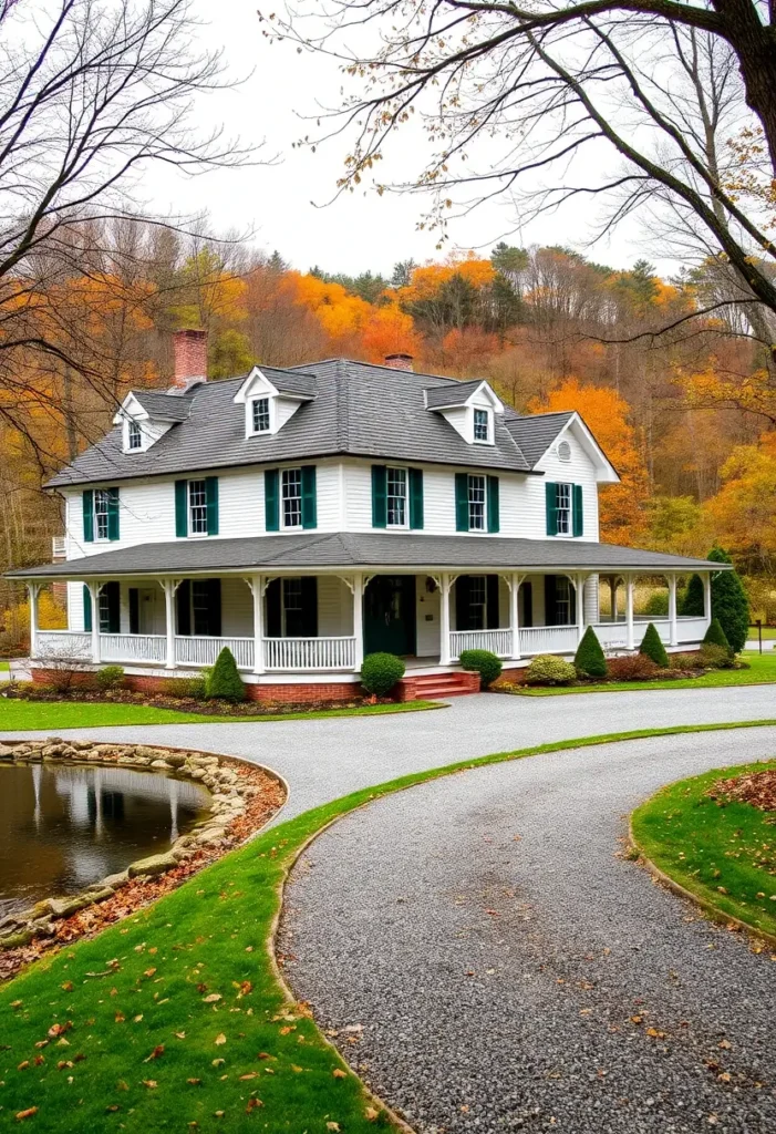 White cottage with green shutters, wraparound porch, and a reflective pond amidst fall colors.