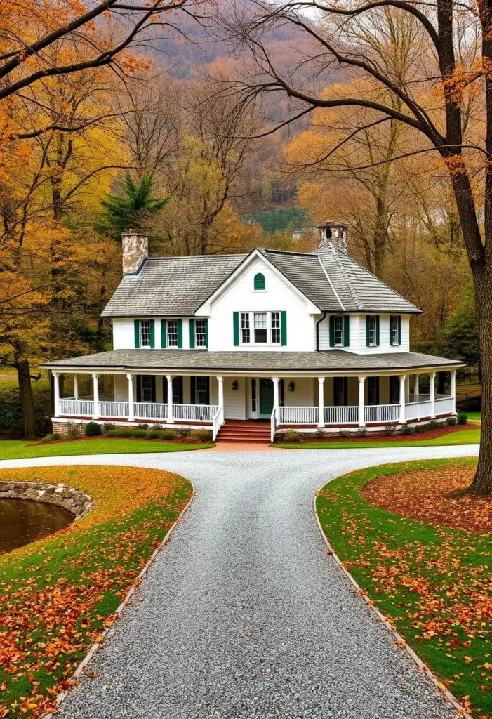 White country cottage with green shutters, wraparound porch, and a gravel driveway surrounded by fall colors.