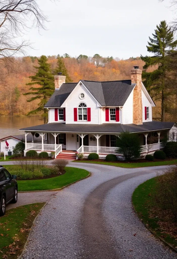 White country cottage with red shutters, wraparound porch, and a gravel driveway by a lakeside.