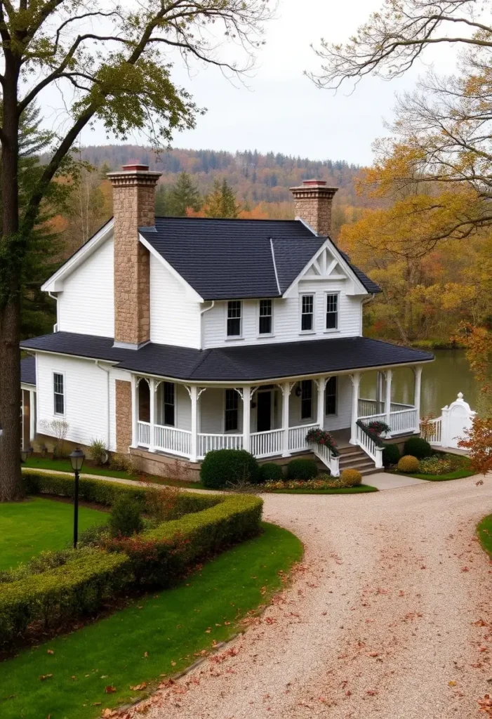 White cottage with stone chimneys, wraparound porch, and a lake backdrop, surrounded by manicured hedges.