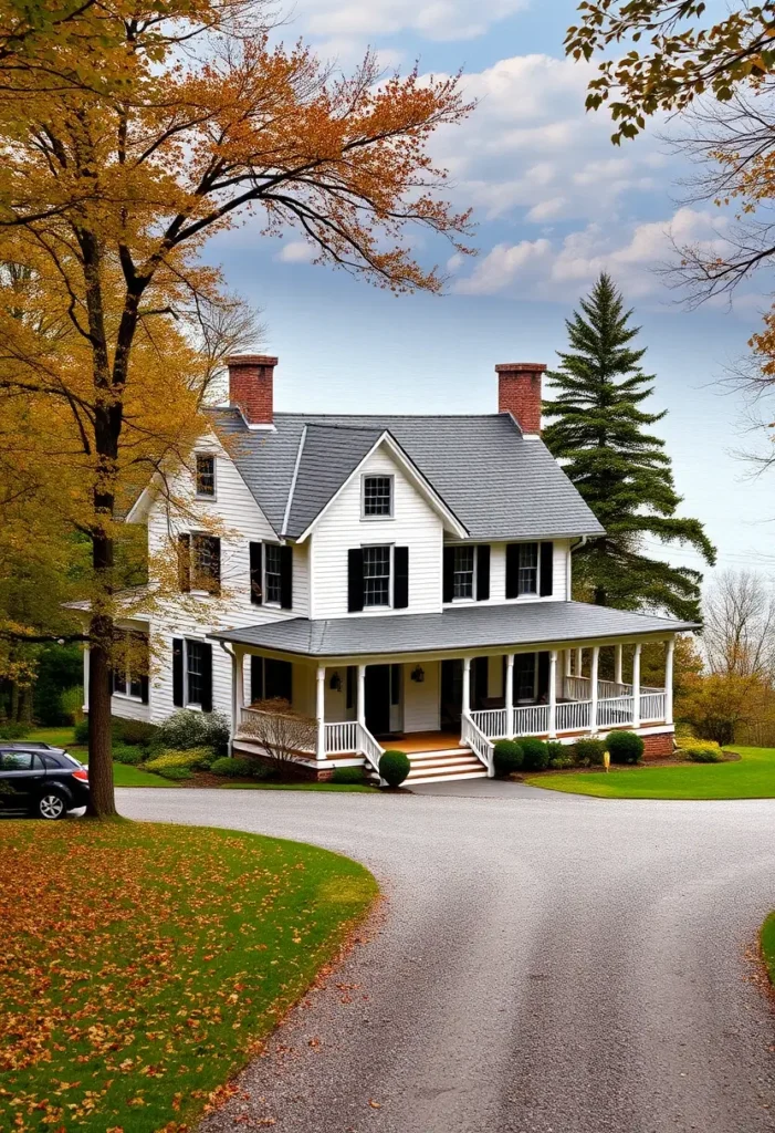 Colonial-style white cottage with twin brick chimneys and a wraparound porch, surrounded by autumn trees and greenery.