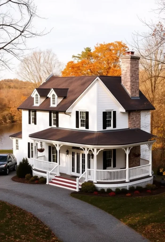 White country cottage with a wraparound porch and a dark roof, set against an autumn backdrop near a lake.