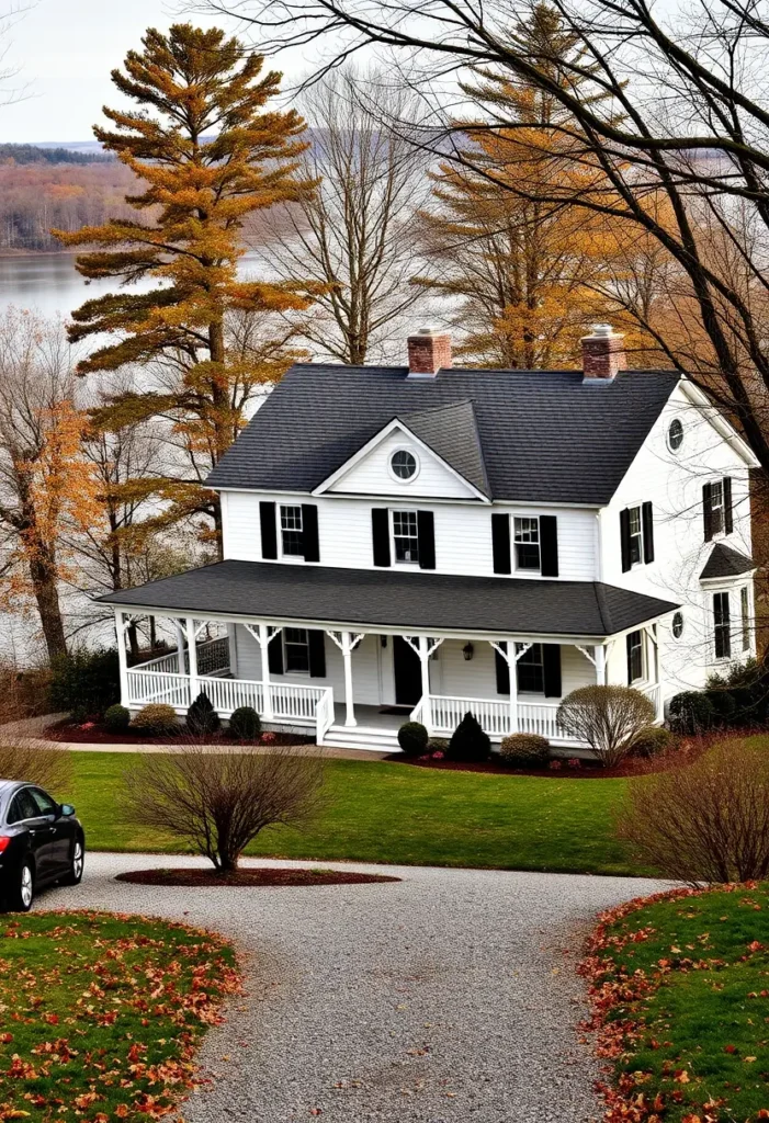 White cottage with black shutters, dark roof, and a wraparound porch near a lake with autumn trees in the background.