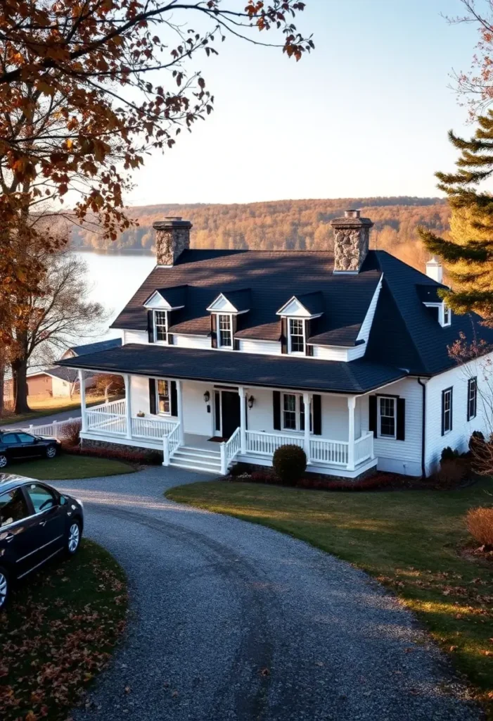 Waterfront white cottage with a steep black roof, dormer windows, and dual stone chimneys surrounded by a serene lakeside landscape.