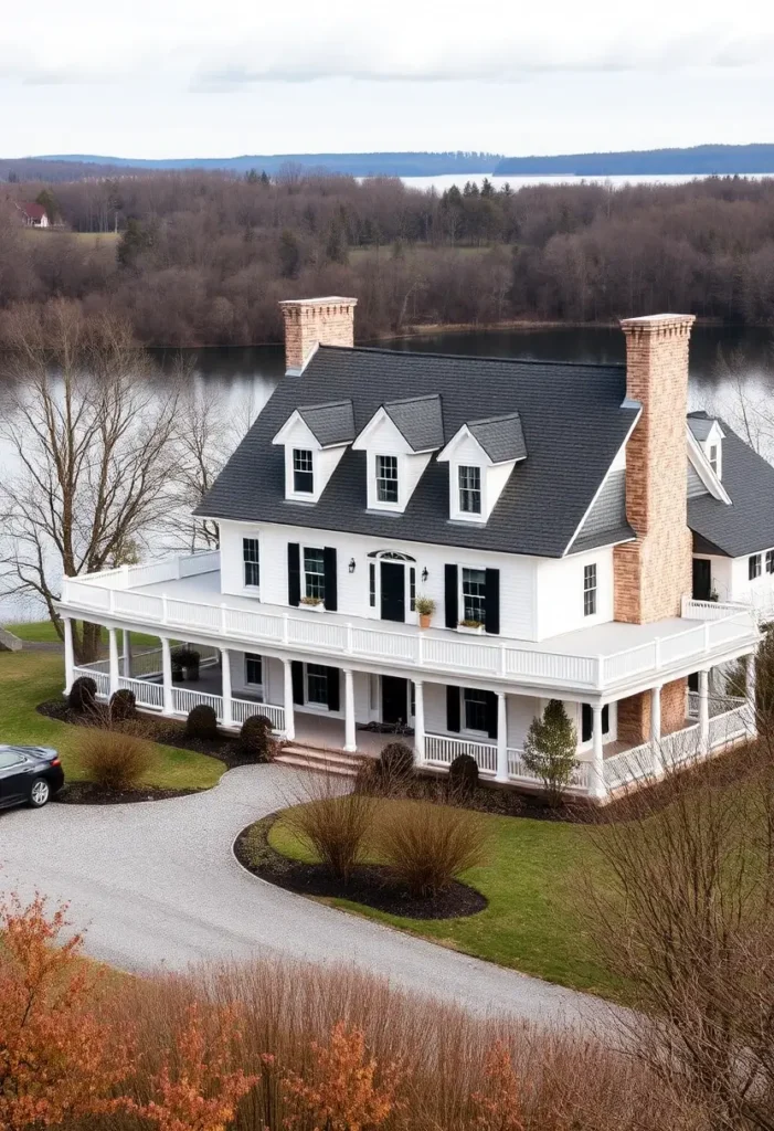 Lakefront white manor with dormer windows, brick chimneys, and a wraparound balcony offering serene lake views.