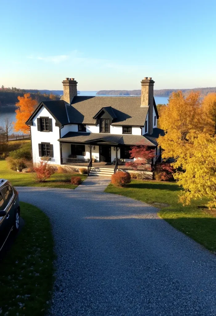 White cottage with dark accents, twin stone chimneys, and a stunning autumn lake backdrop.