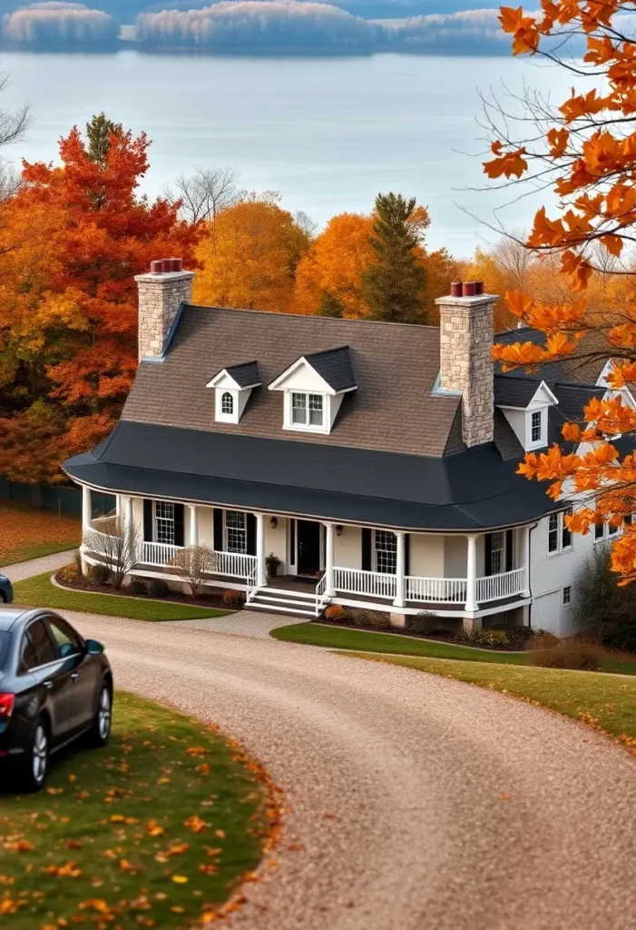 Lakefront white cottage with stone chimneys, a pitched roof, and surrounded by vibrant autumn trees.