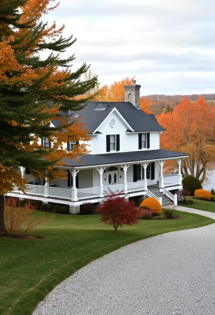 White wraparound porch cottage with a stone chimney surrounded by vibrant autumn trees.