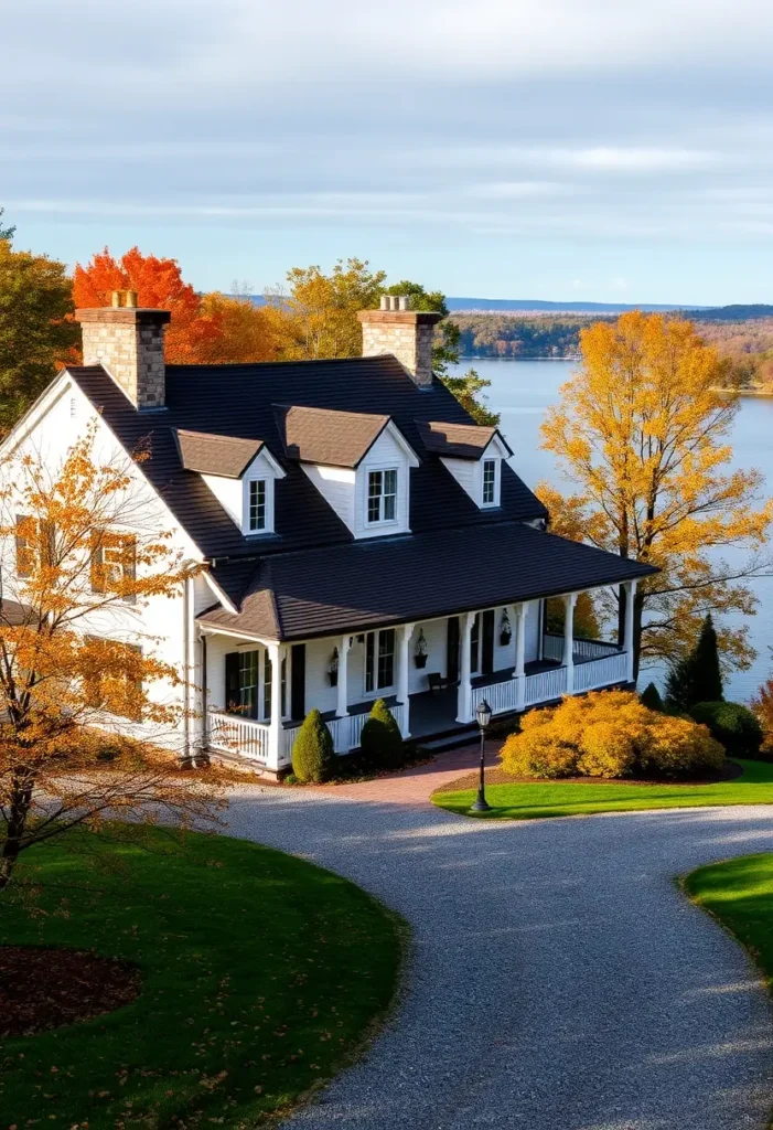 White country cottage with wraparound porch and stone chimneys by a serene lake and vibrant autumn trees. Charming Country Cottage Exteriors