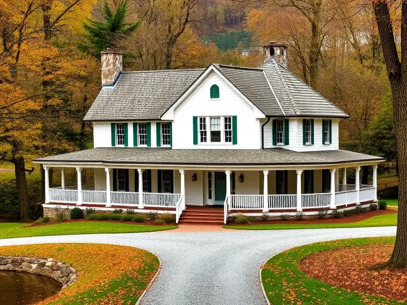 White country cottage with green shutters, wraparound porch, and a gravel driveway surrounded by fall colors. II