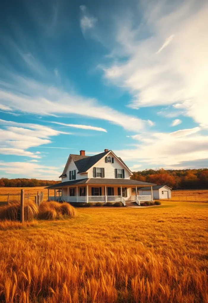 Classic farmhouse with a wraparound porch in a golden field, featuring white siding, black shutters, and a serene countryside backdrop.