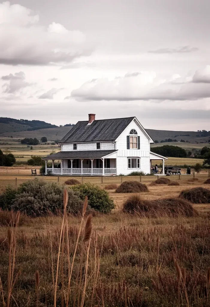 Classic farmhouse surrounded by rolling hills and natural scenery, featuring an arched window, white siding, and a spacious front porch.