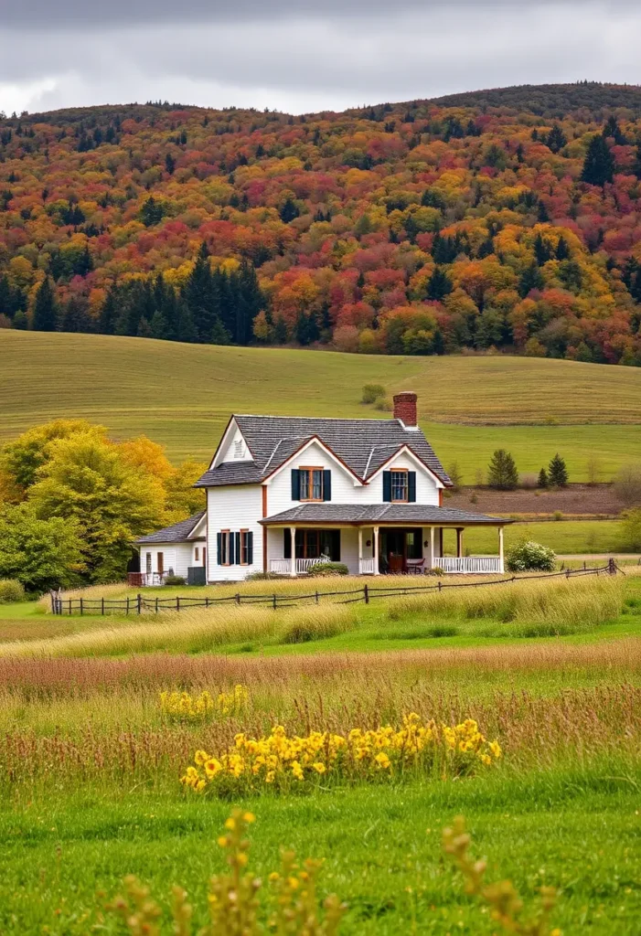 Classic farmhouse with white siding and black shutters, surrounded by vibrant autumn foliage and rolling green fields.