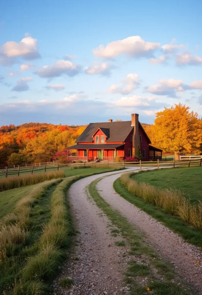 Rustic red farmhouse with a gravel driveway, surrounded by autumn trees and vibrant rural landscapes.