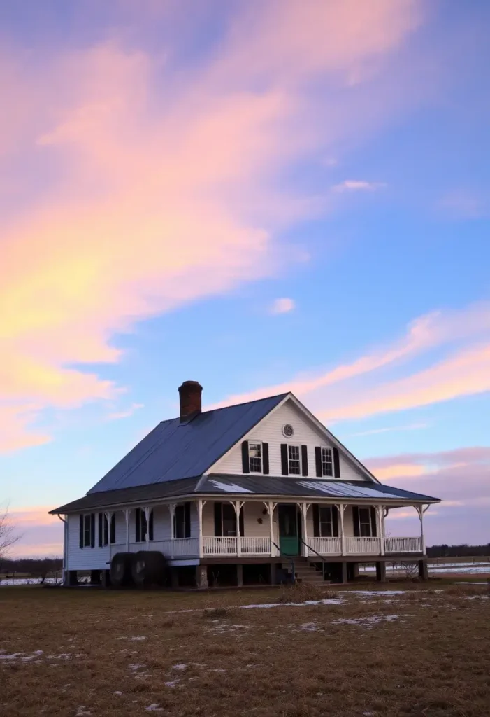 Classic white farmhouse with a green door and black shutters, set against a vibrant pink and blue sunset sky.