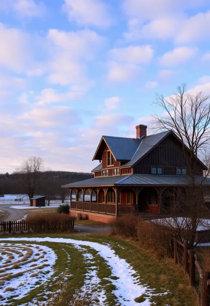 Rustic farmhouse with wooden exterior and wraparound porch, featuring large gable windows and a snowy rural setting.