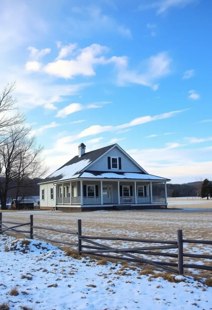 White farmhouse with black shutters and wraparound porch, surrounded by a snow-dusted field and wooden fence.