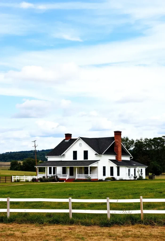 Classic white farmhouse with dual brick chimneys, wraparound porch, and surrounding green fields bordered by a white fence.