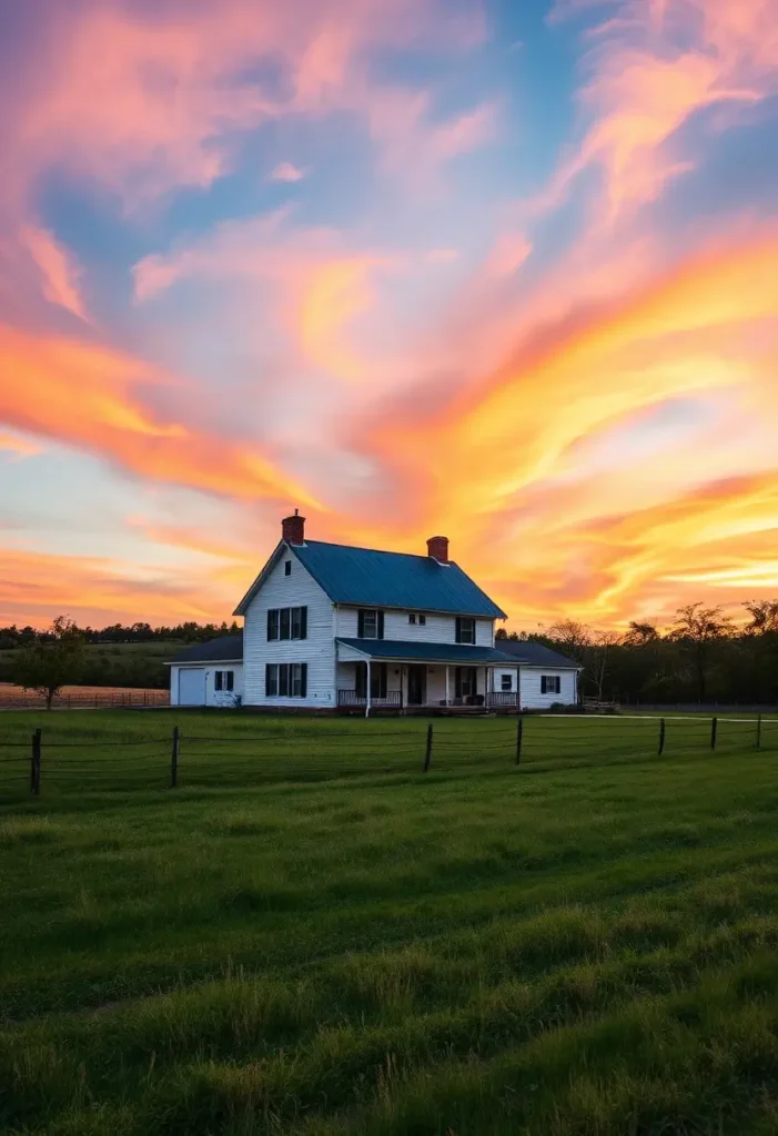 Classic white farmhouse with a blue roof and dual chimneys, set against a vivid orange and pink sunset sky.