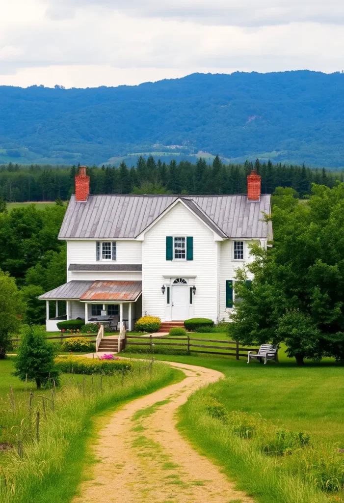 White farmhouse with green shutters, brick chimneys, and a rustic metal roof, surrounded by greenery and mountains in the background.