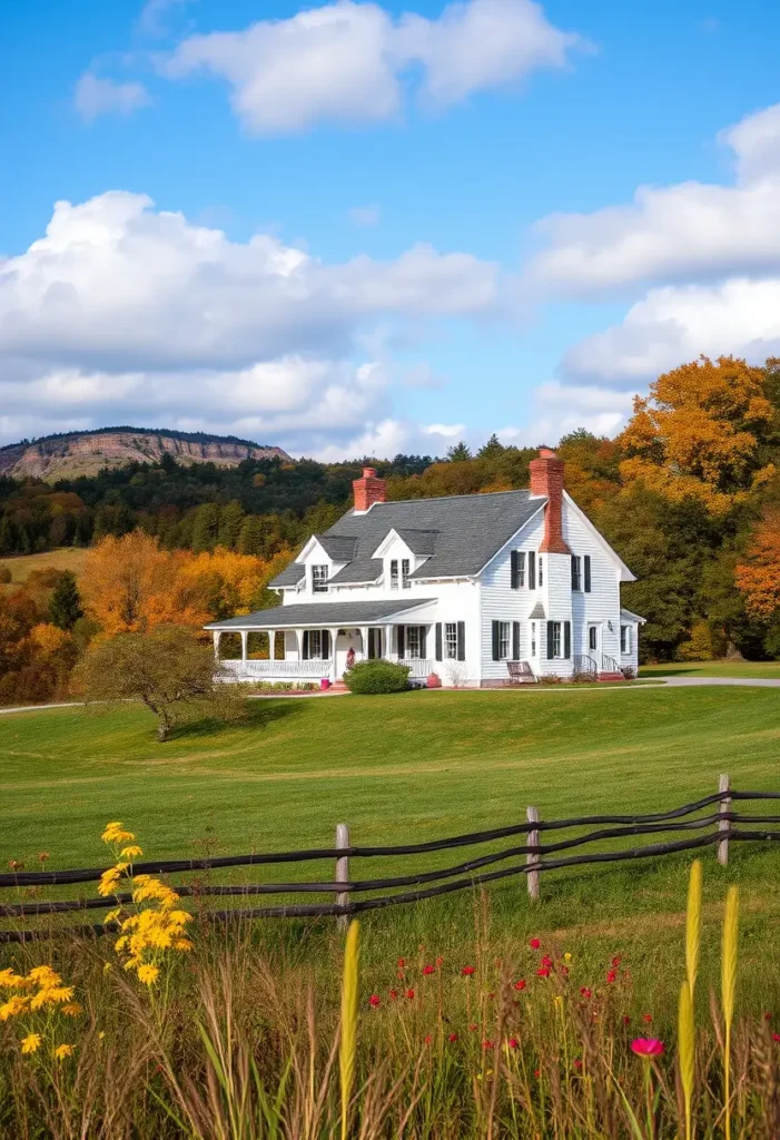 Classic white farmhouse with brick chimneys and a wraparound porch, surrounded by green fields, vibrant autumn trees, and a mountain backdrop.