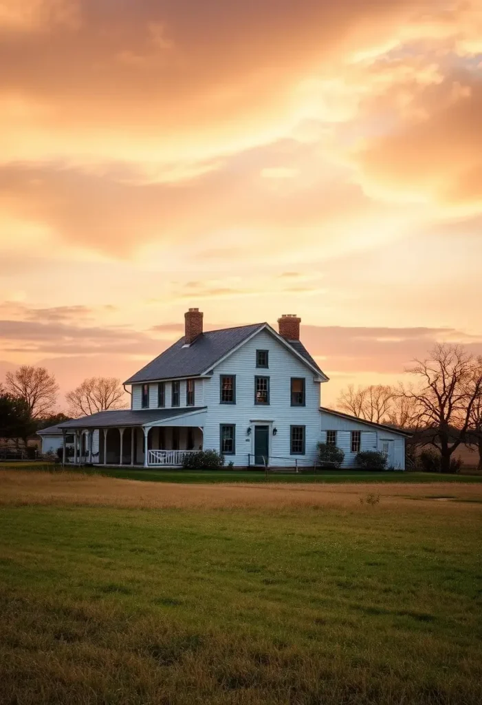 Two-story white farmhouse with dual brick chimneys and a wraparound porch, set against a golden sunset sky and rural landscape.