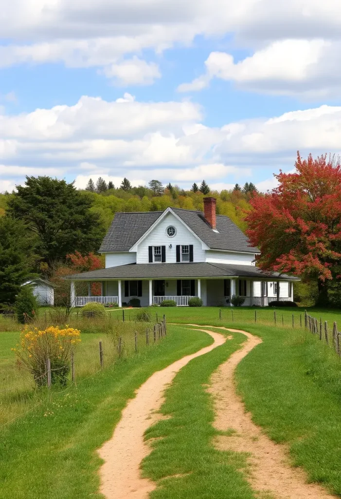 White farmhouse with black shutters and a wraparound porch, nestled in lush greenery with a winding dirt path and vibrant trees.