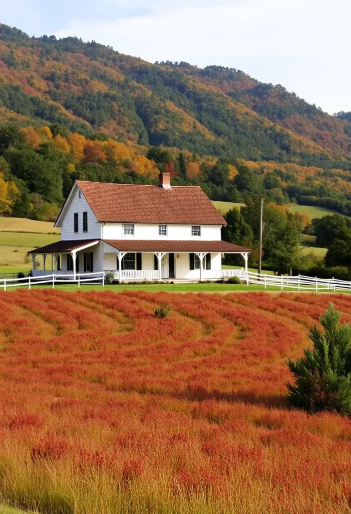 White farmhouse with a terracotta roof and wraparound porch, surrounded by red autumn fields and rolling green hills.