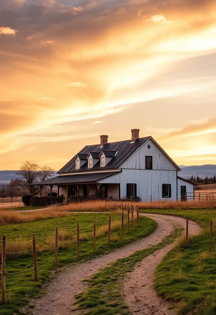 Rustic farmhouse with dormer windows and dual chimneys, set against a glowing sunset and surrounded by golden fields and a country path.