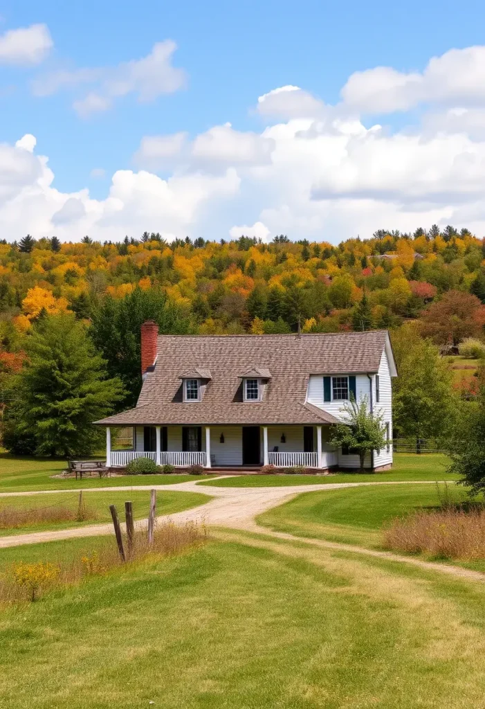 Farmhouse with dormer windows, a wraparound porch, and a gravel path, surrounded by a colorful autumn forest and green fields.