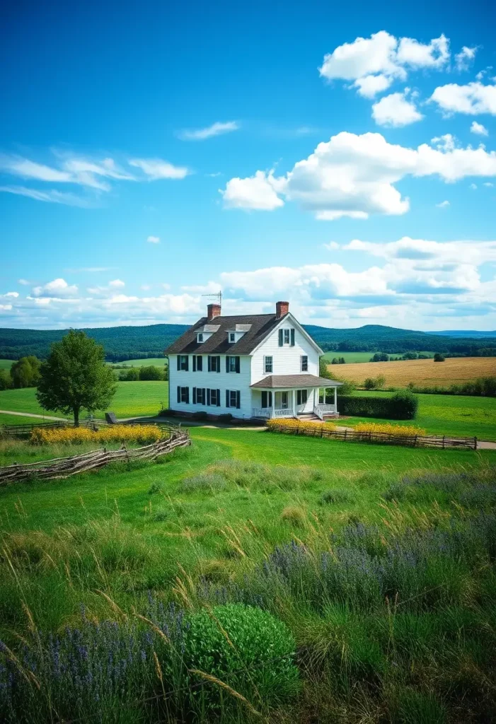 White farmhouse with dormer windows, surrounded by rolling green fields, wildflowers, and a split-rail fence under a bright blue sky.