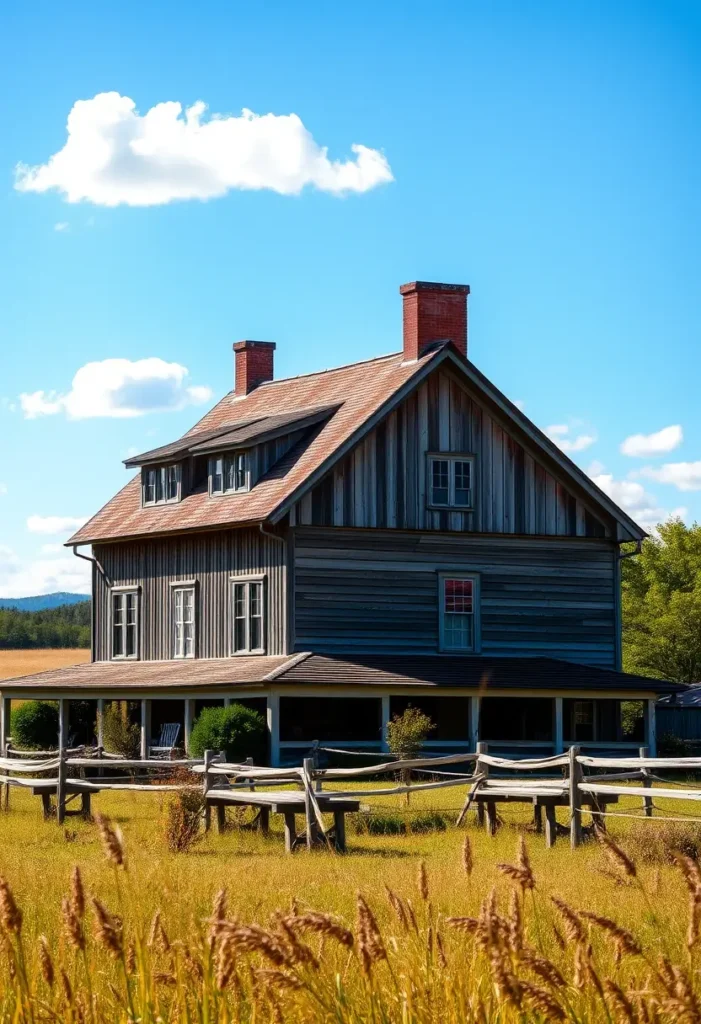 Rustic wooden farmhouse with dual brick chimneys, steep gabled roof, and a split-rail fence, set amidst golden fields under a bright blue sky.