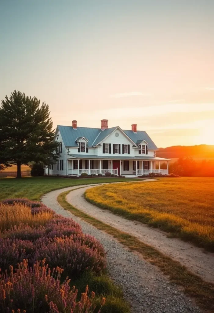 Stately farmhouse with dormer windows and a wraparound porch, surrounded by lavender bushes and golden fields at sunset.