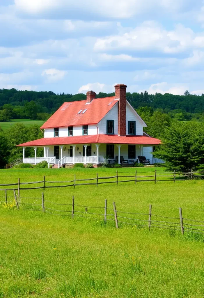 White farmhouse with a bright red roof, dual brick chimneys, and a wraparound porch, nestled in lush green fields and enclosed by a wooden fence.