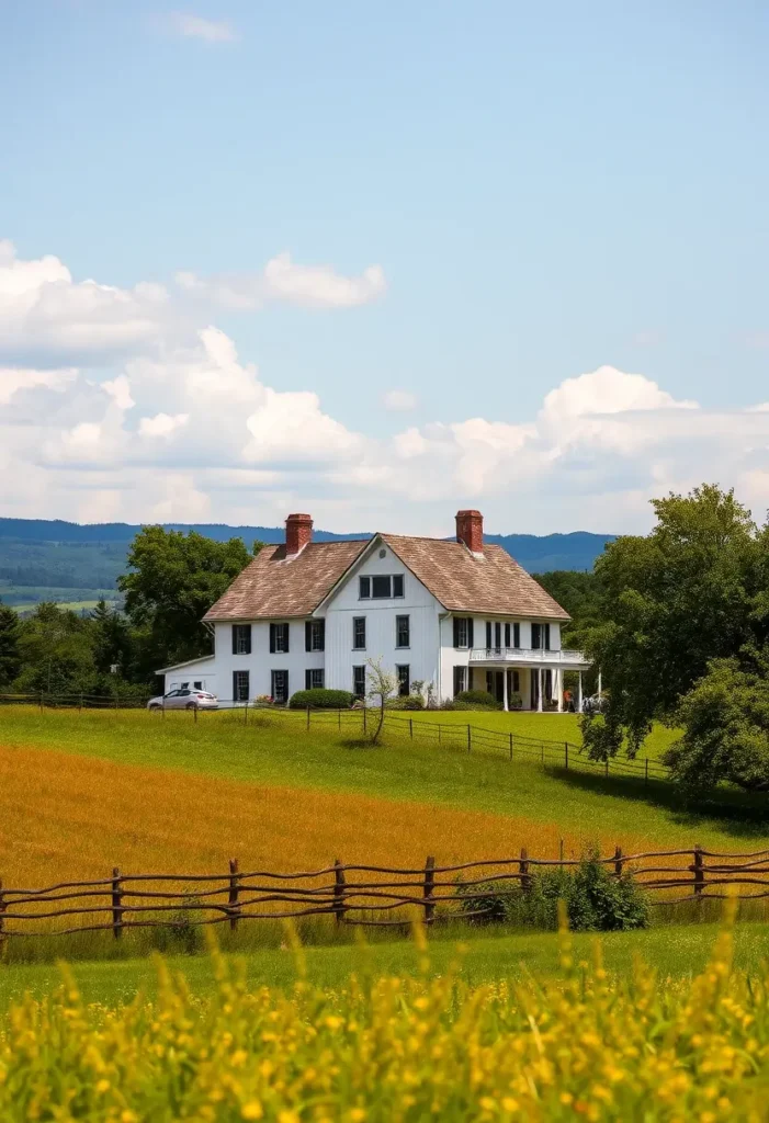 White farmhouse with dual brick chimneys and a front porch, surrounded by colorful meadows, wooden fencing, and distant hills.