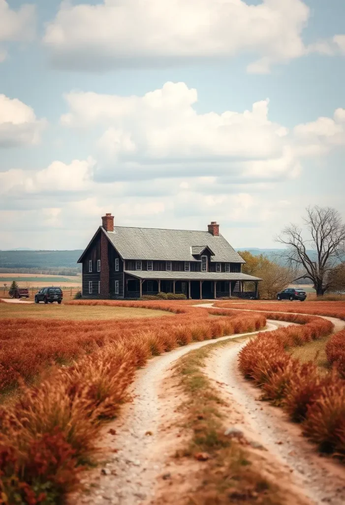 Rustic farmhouse with a dark wood facade, dual brick chimneys, and a winding dirt path, surrounded by golden and red fields under cloudy skies.