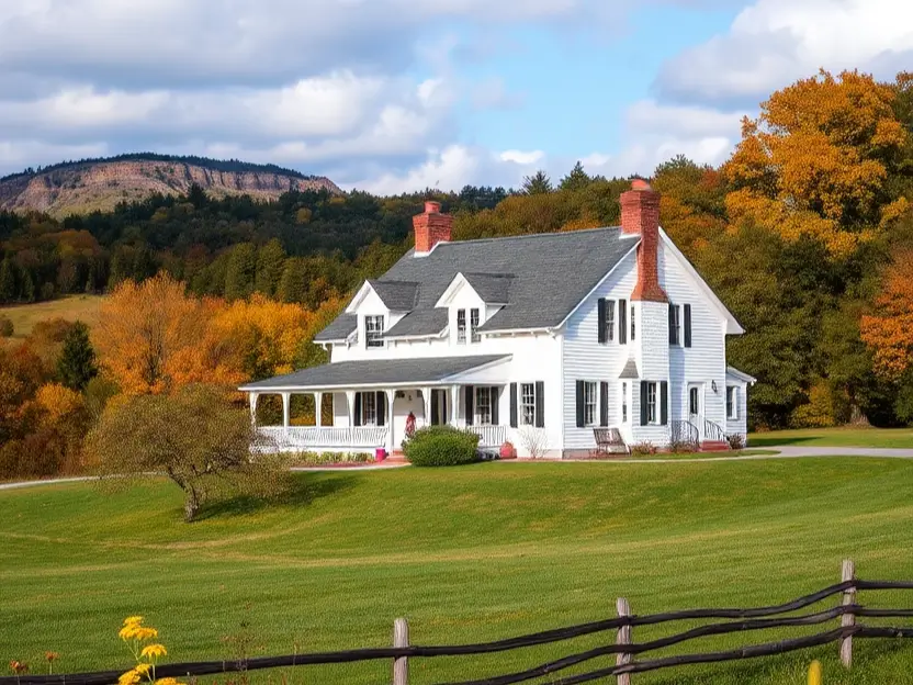 Classic white farmhouse with brick chimneys and a wraparound porch, surrounded by green fields, vibrant autumn trees, and a mountain backdrop. II