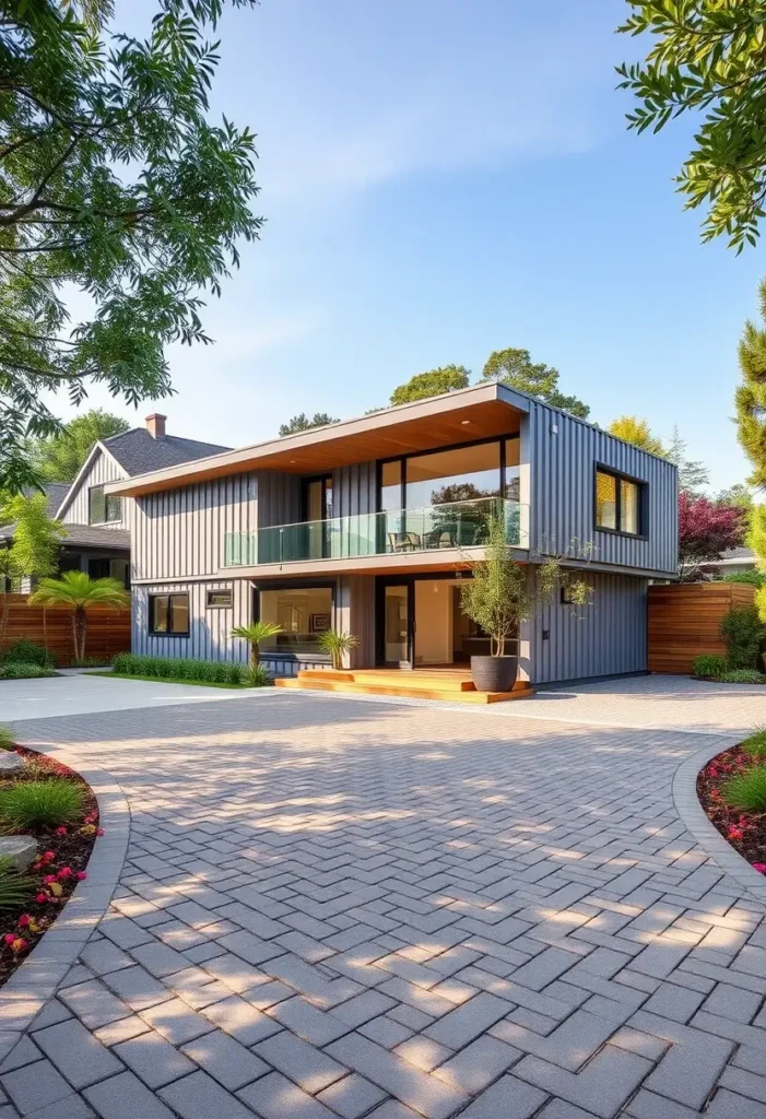 Modern two-story container house with large glass windows, wooden accents, and landscaped surroundings.