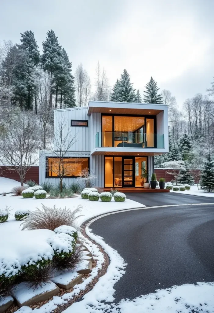 Two-story container house in a snowy setting with large windows, warm lighting, and a sleek modern design.