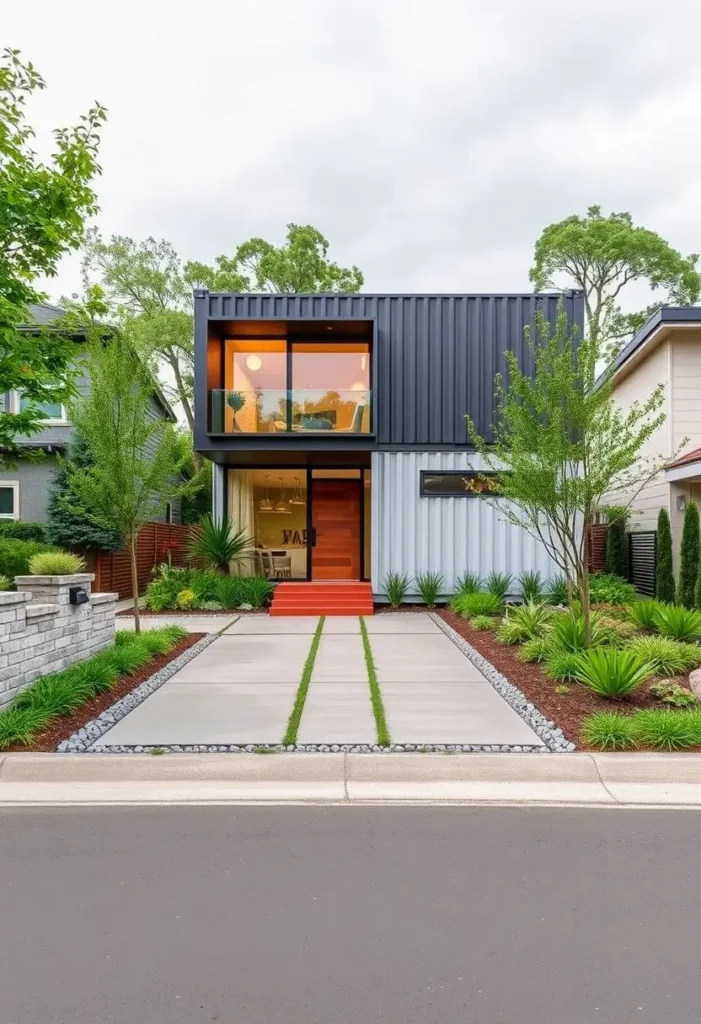 Modern container house with a two-story black and white exterior, red steps, and landscaped yard, perfect for urban living.