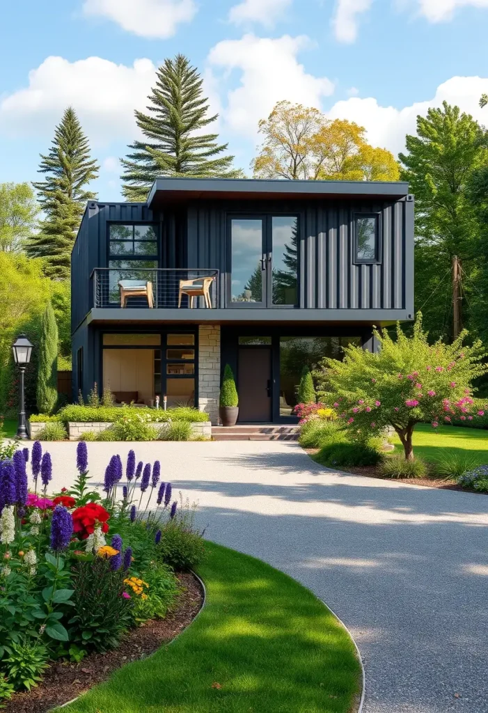 Two-story black container home with a balcony, surrounded by colorful flower gardens and lush greenery, blending modern design with nature.