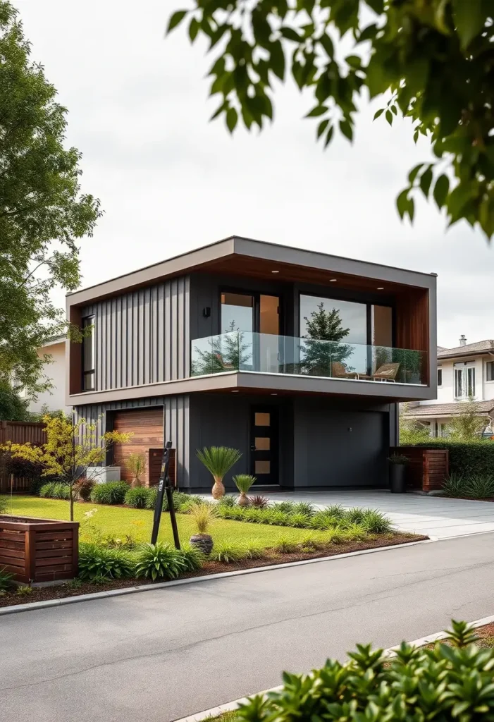 Modern black container house with a glass balcony, wooden accents, and vibrant green landscaping, offering a contemporary yet cozy design.