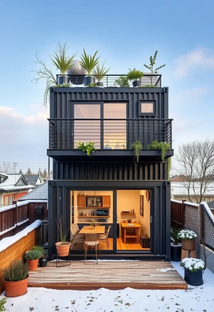 Two-story black container house with a rooftop garden, large glass windows, and a snowy backyard deck, blending modern design with urban greenery.