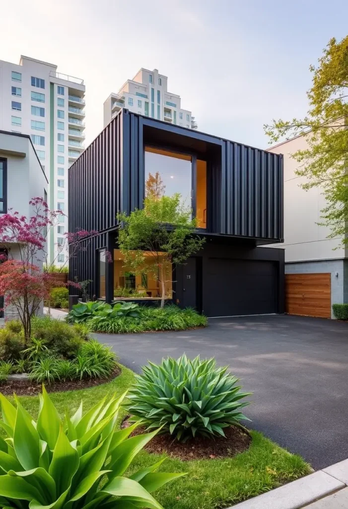 Modern black container house surrounded by vibrant greenery, large glass windows, and a sleek design, set in a contemporary urban neighborhood.