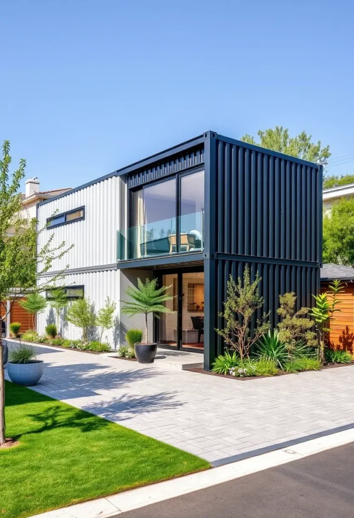 Two-tone black and white container house with glass balcony and vibrant landscaping, showcasing sleek architectural design and modern greenery accents.