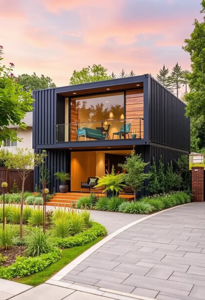 Elegant container house with warm wood finishes, glass balcony, and lush greenery under a stunning sunset sky.